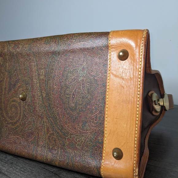 Etro | Vintage Milano Burgundy Paisley Tan Trim Leather Tote Bag - Picture 8 of 8